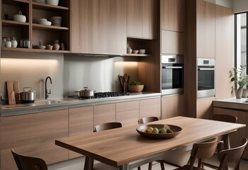 A modern, minimalist kitchen with wooden cabinets, stainless steel appliances, and a wooden dining table with chairs.