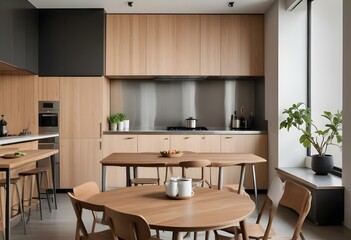A modern, minimalist kitchen with wooden cabinets, stainless steel appliances, and a wooden dining table with chairs.