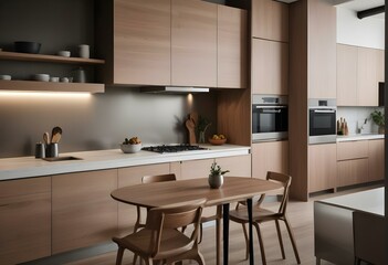 A modern, minimalist kitchen with wooden cabinets, stainless steel appliances, and a wooden dining table with chairs.