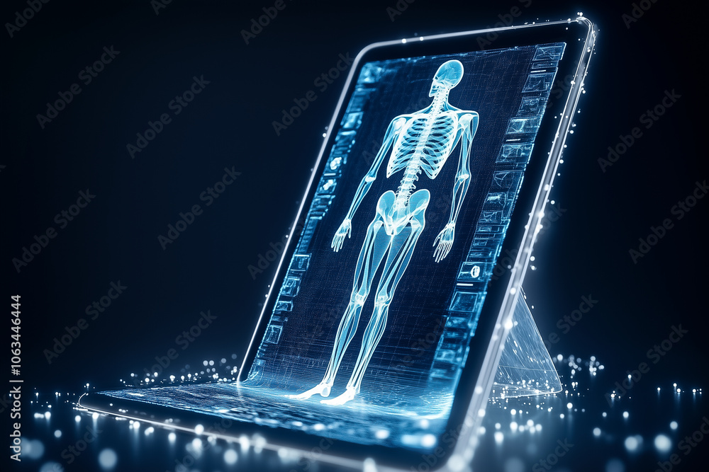 Aufkleber a high-tech medical scan appears on a tablet, showcasing an illuminated skeletal structure in a mode