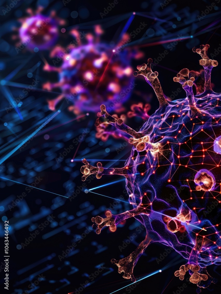 Poster virus 3d model with connected lines and blurred background.