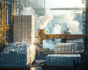 Traditional Paper Mill with Towering Stacks of Raw Pulp and Machines Producing Paper Reams