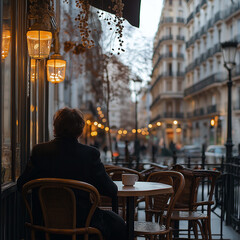 person sitting at cafe table, enjoying quiet moment in charming street. warm glow of lanterns and ambiance of city create cozy atmosphere