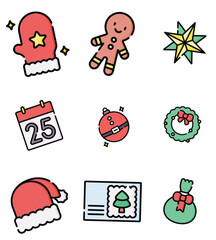 Festive collection of Christmas icons, including classic symbols like snowflakes, ornaments, Christmas trees, and Santa Claus. Perfect for holiday-themed designs.