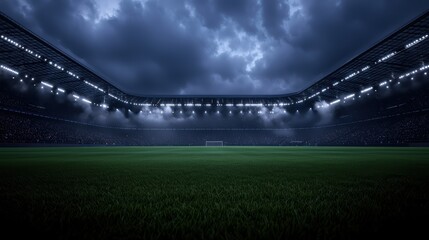 Fototapeta premium Vibrant Nighttime Stadium Scene with Cheering Fans, Floodlights, and Lush Green Field