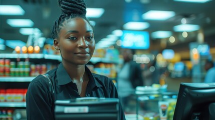 Fototapeta premium A female employee in a juice bar processes a credit card transaction. She stands confidently in a bustling environment with soft, muted lighting.