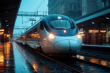 Fototapeta premium Modern high speed train arriving at station during rain at dusk