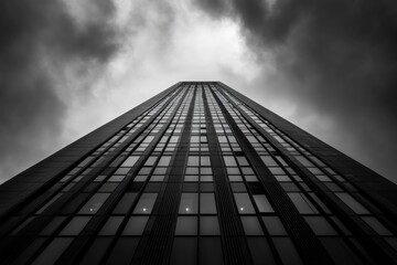 Modern skyscraper piercing dramatic sky in black and white