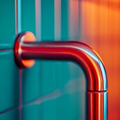 Close-up of a metallic pipe against a colorful tiled background.