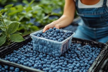 Hands picking blueberries in the garden.