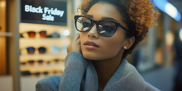 Woman wearing stylish glasses in shopping center , Black Friday sale sign visible in the background, suggesting in-store shopping or a fashion sale - Powered by Adobe
