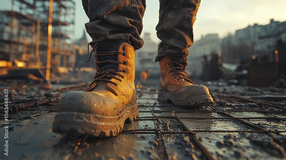 Poster a construction worker stands in muddy conditions at a building site, surrounded by scaffolding. the 