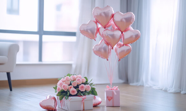 Romantic Valentine Day setup with heart shaped balloons, pink roses, and gifts