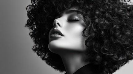 Fototapeta premium Elegant woman with voluminous, curly hair framing her face, isolated on a clean background