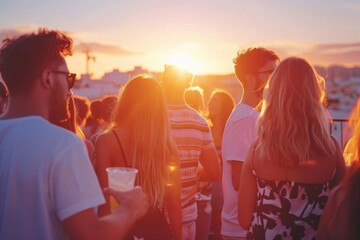 A sunset gathering on a terrace with young people enjoying a lively party, bathed in warm, golden light.