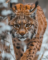 Obraz premium Lynx navigating through snowy forest in search of food and survival in winter wilderness