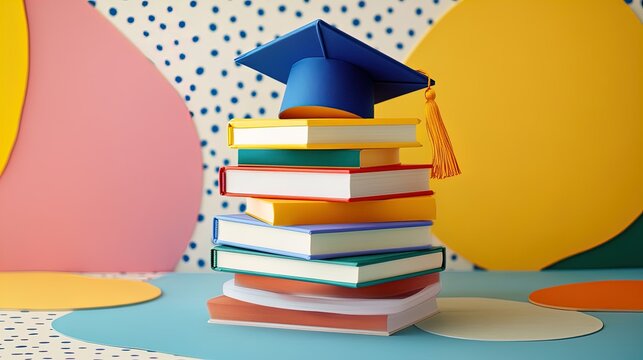 Celebrate Learning: A Vibrant Stack of Children's Books with a Whimsical Graduation Cap - Perfect for Playful Posters in Kids' Rooms or Educational Spaces!