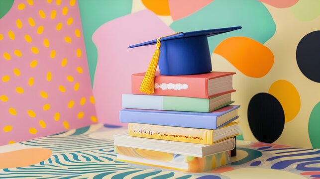 Celebrate Learning: A Vibrant Stack of Children's Books with a Whimsical Graduation Cap - Perfect for Playful Posters in Kids' Rooms or Educational Spaces!