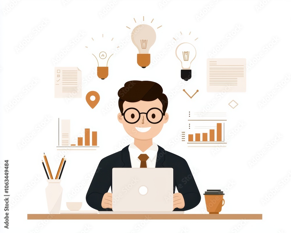 Poster a cheerful businessman working on a laptop, surrounded by diverse visual elements like graphs, light