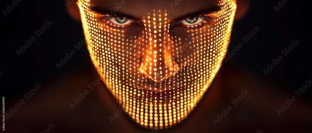 Poster a captivating portrait of a person with a digitally illuminated face, showcasing intricate patterns 
