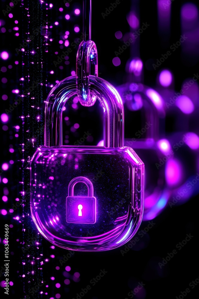 Poster a close-up image of a transparent padlock with a purple hue, surrounded by sparkling droplets creati