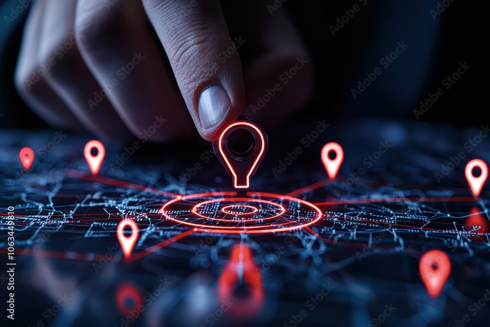 Poster a close-up of a hand placing a digital location pin on a map with illuminated markers, showcasing th