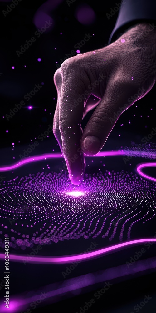 Poster a close-up of a hand interacting with a vibrant, glowing purple digital interface, creating dynamic 