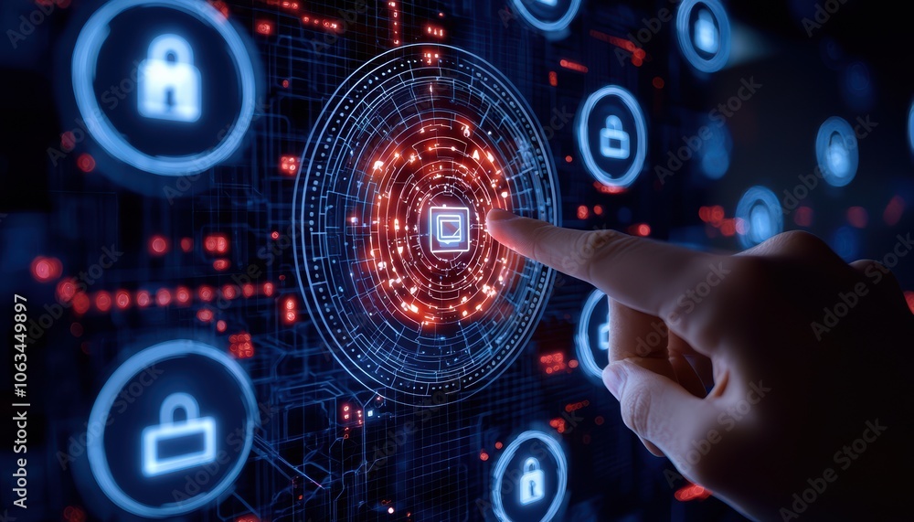 Poster a close-up of a hand pointing at a digital security interface, showcasing various icons related to c