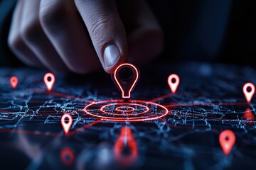 A close-up of a hand placing a digital location pin on a map with illuminated markers, showcasing the integration of technology into geographic navigation.