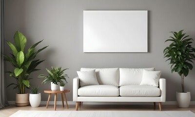 A modern living room with a white sofa, a potted plant, and a blank white canvas on the wall.