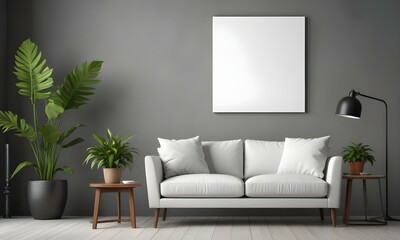 A modern living room with a white sofa, a potted plant, and a blank white canvas on the wall.