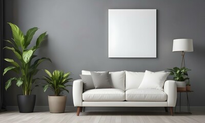 A modern living room with a white sofa, a potted plant, and a blank white canvas on the wall.