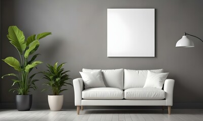 A modern living room with a white sofa, a potted plant, and a blank white canvas on the wall.