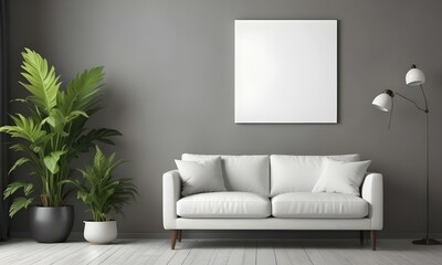 A modern living room with a white sofa, a potted plant, and a blank white canvas on the wall.