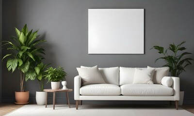 A modern living room with a white sofa, a potted plant, and a blank white canvas on the wall.