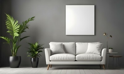 A modern living room with a white sofa, a potted plant, and a blank white canvas on the wall.