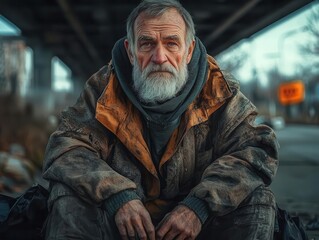 Obraz premium Elderly homeless man in tattered clothing, sitting alone under a bridge, melancholic evening light, urban decay surroundings