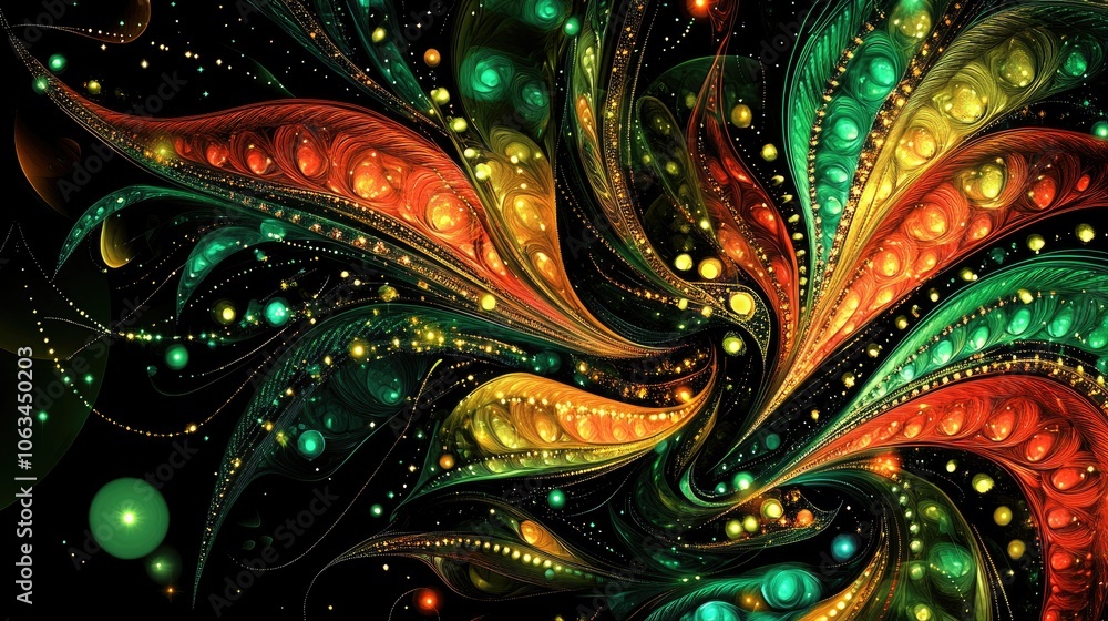 Poster colorful abstract swirling patterns in dark background