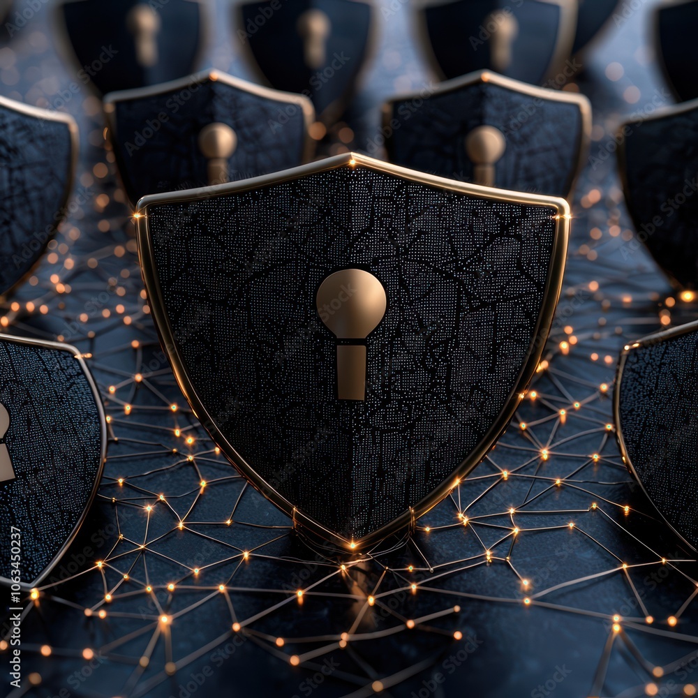 Poster a close-up view of interconnected shields symbolizing cybersecurity, showcasing a network of protect