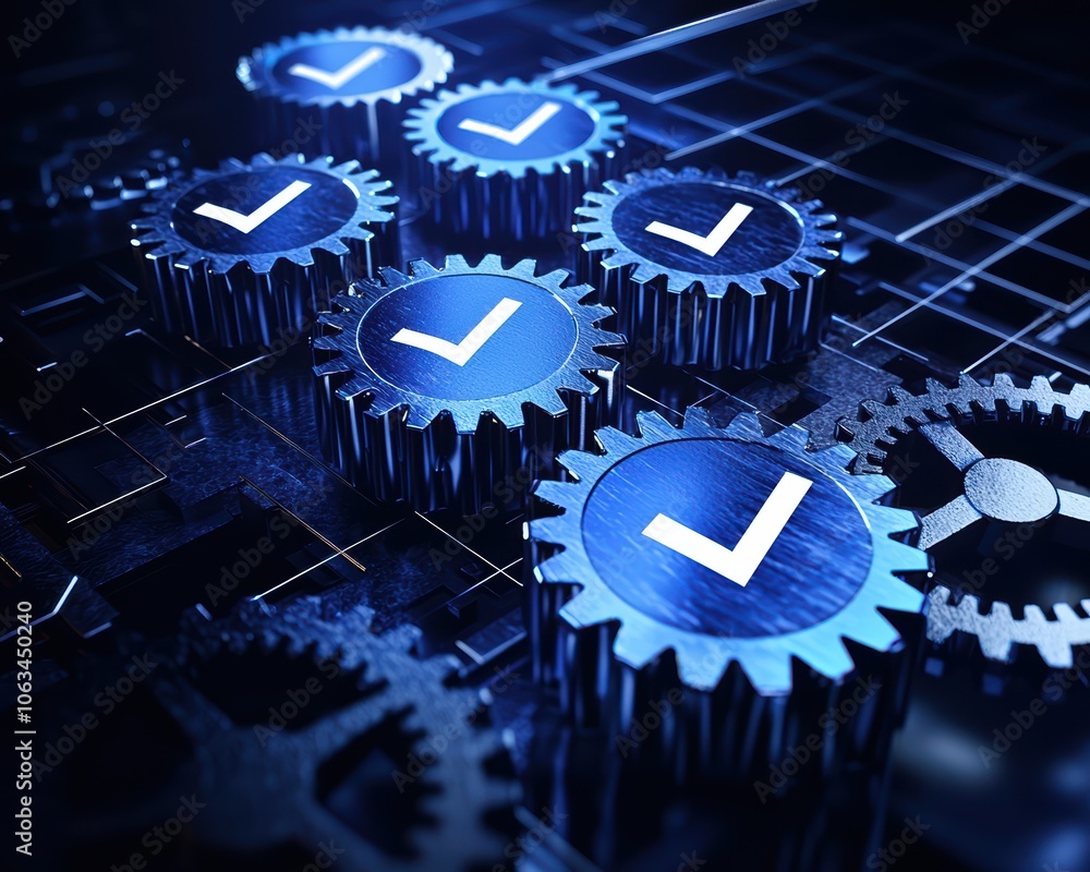 Poster a close-up view of blue gears with checkmarks, showcasing a modern technological theme. the gears re