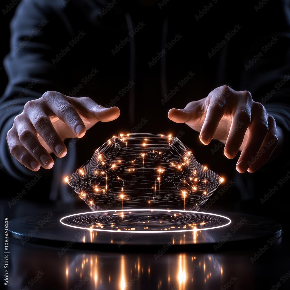 Poster a conceptual image showcasing a person's hands manipulating a floating holographic display, illustra
