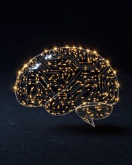 Fototapeta premium A conceptual representation of a brain with circuit patterns and glowing lights, symbolizing artificial intelligence and innovation against a dark background.