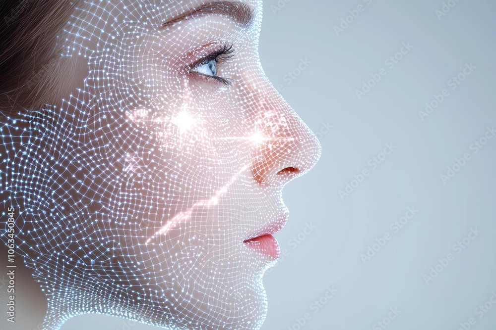 Poster a digital representation of a woman's face with a mesh pattern, showcasing futuristic elements and l