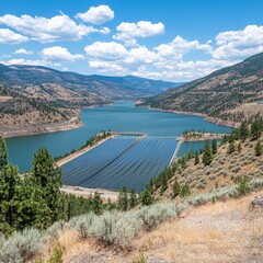 Scenic view of a solar farm by a lake surrounded by mountains.