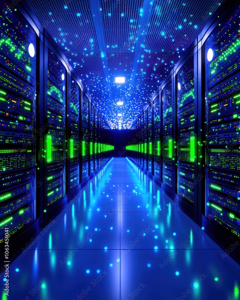 Poster a futuristic data center corridor with glowing servers and shimmering lights, featuring a modern des