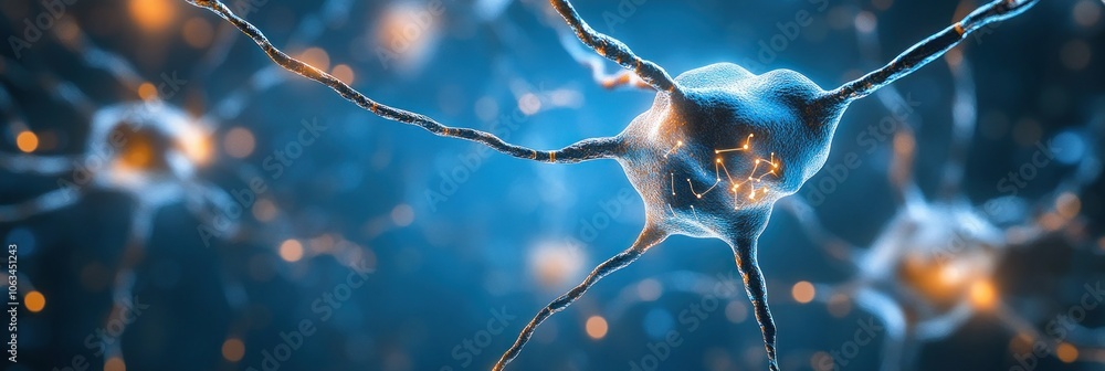 Aufkleber a close-up 3d rendering of a neuron cell with long dendrites and an axon.