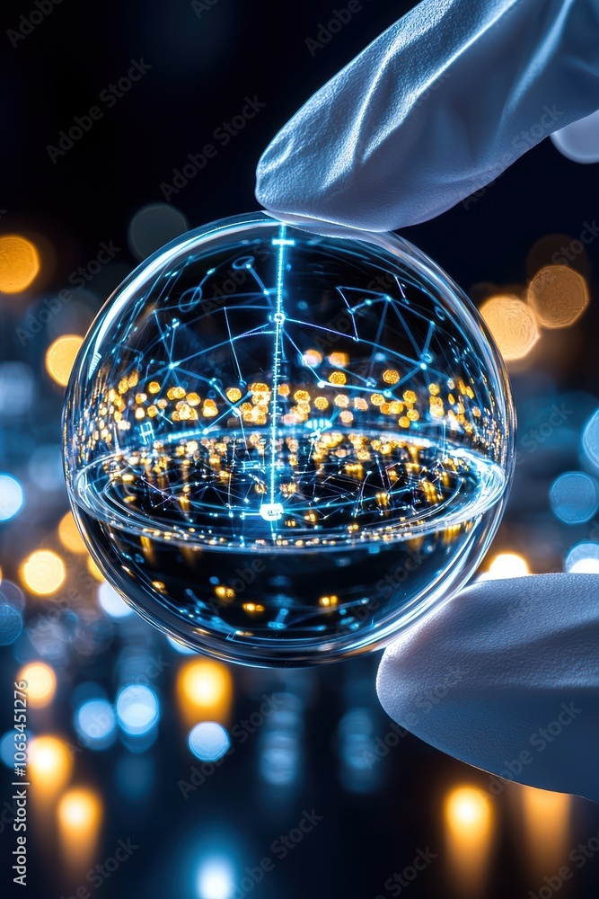 Poster a glass crystal orb held by a gloved hand, reflecting intricate light patterns and abstract connecti