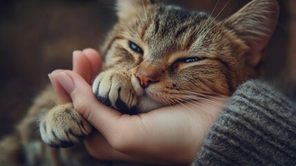Cat peacefully resting with paw in human hand, cozy and intimate moment of pet bonding, warm close-up of feline companionship, trust, love, soft fur, gentle care