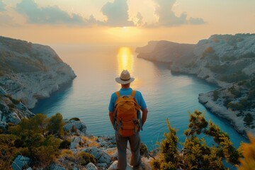 A mature backpacker enjoys a breathtaking panoramic view of a coastal landscape at sunset, with rocky cliffs and calm waters reflecting the warm glow.