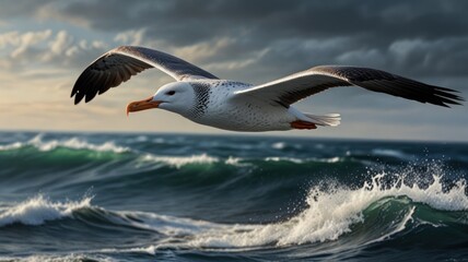 an albatross soaring above the vast ocean, its wings outstretched against a dramatic sunset sky. The bird's powerful flight and elegant form are captured in this dynamic shot.